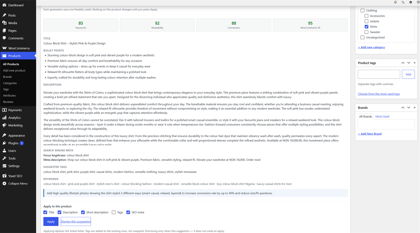 Scored Ranklify output — keyword, readability, conversion, and WooCommerce-fit scores above a generated title, bullets, description, meta, and tags with Apply checkboxes.
